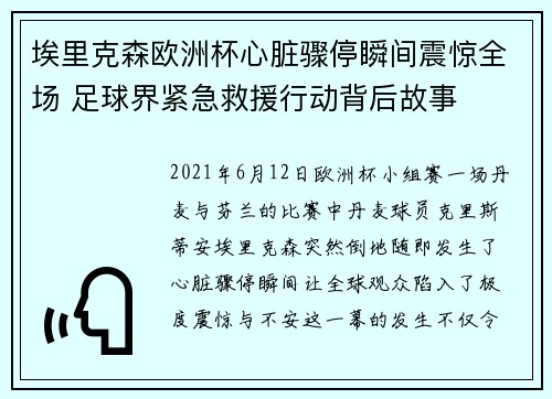 埃里克森欧洲杯心脏骤停瞬间震惊全场 足球界紧急救援行动背后故事